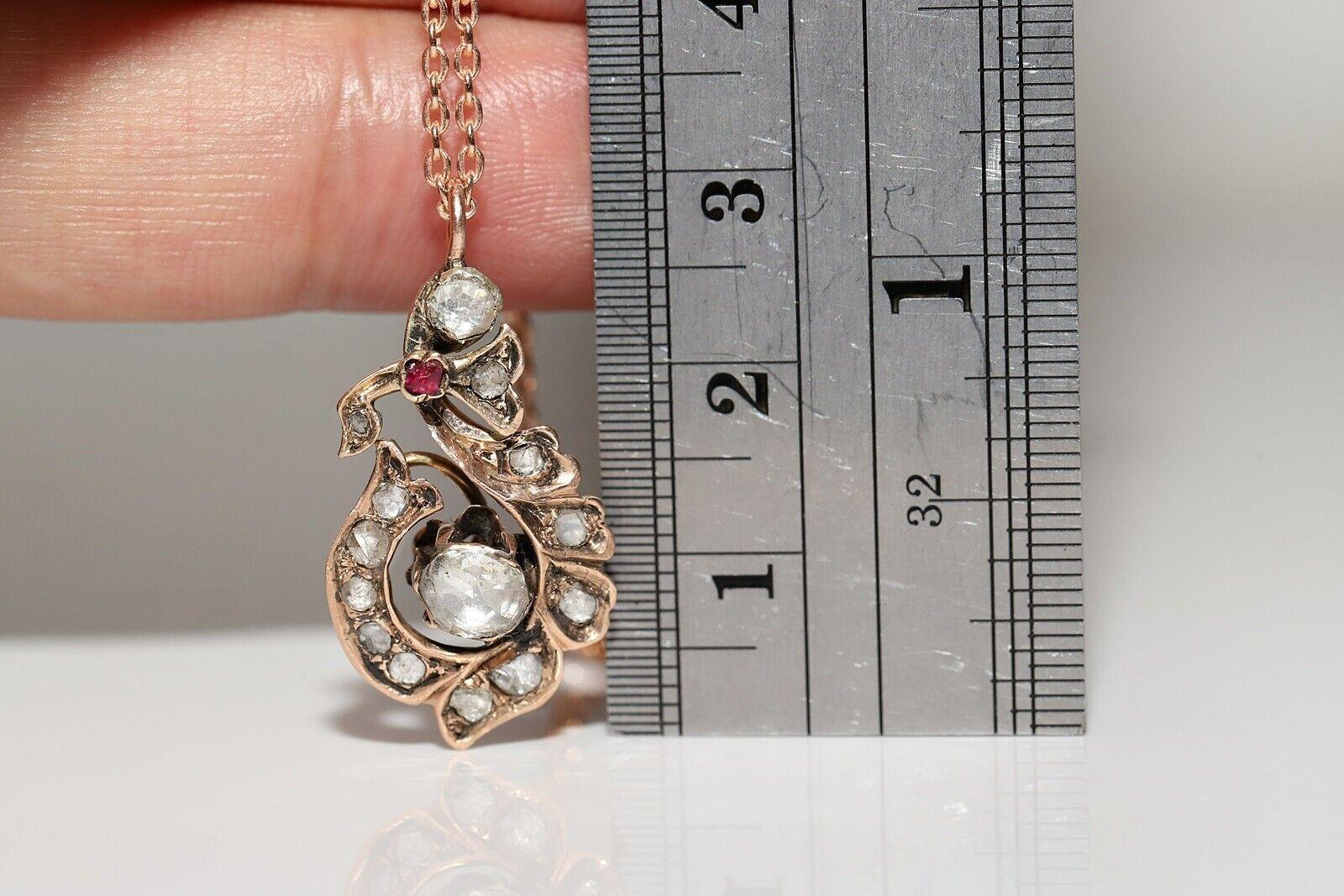 Antike Halskette, um 1900er Jahre, 8 Karat Gold, natürlicher Diamant im Rosenschliff und Rubin, dekoriert im Angebot 3