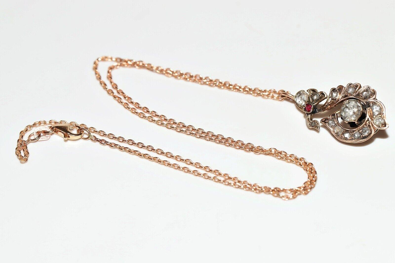 Antique Circa 1900s 8k Gold Natural Rose Cut Diamond And Ruby Decorated Necklace For Sale 4