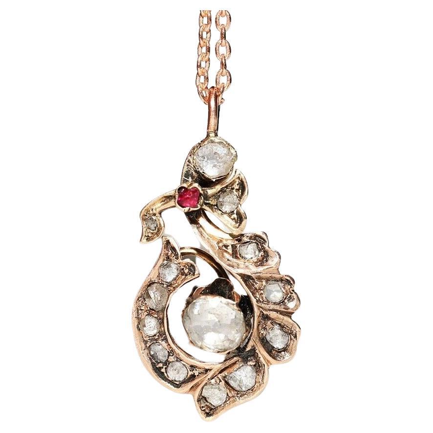 Antique Circa 1900s 8k Gold Natural Rose Cut Diamond And Ruby Decorated Necklace For Sale