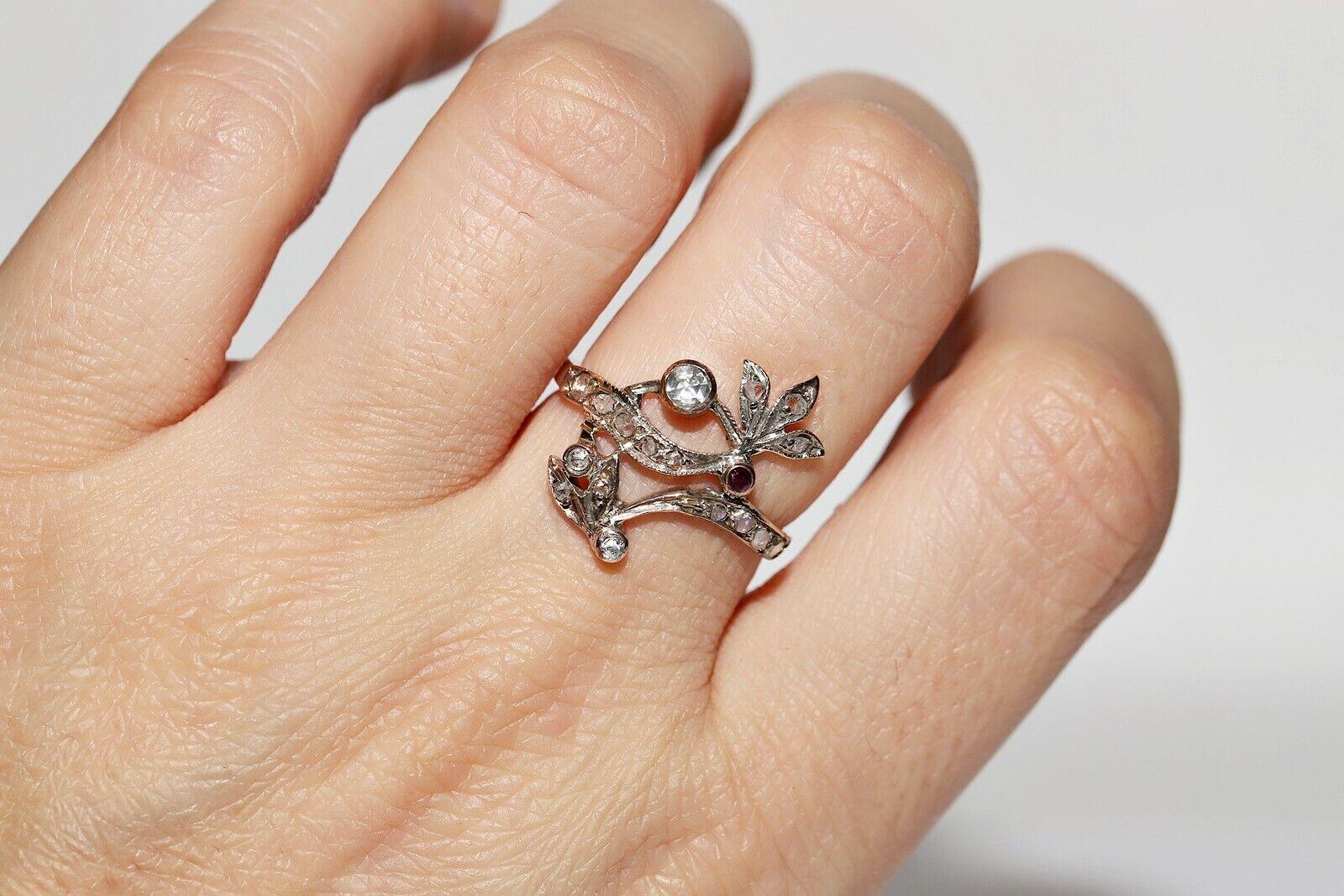 Antique Circa 1900s 8k Gold Natural Rose Cut Diamond And Ruby Decorated Ring 7