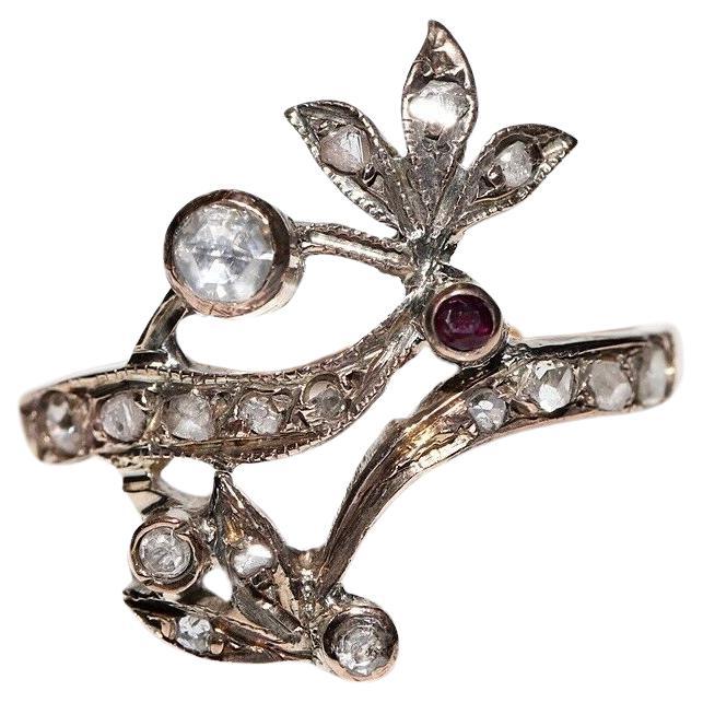 Antique Circa 1900s 8k Gold Natural Rose Cut Diamond And Ruby Decorated Ring