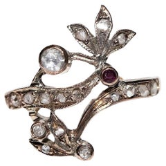 Antique Circa 1900s 8k Gold Natural Rose Cut Diamond And Ruby Decorated Ring