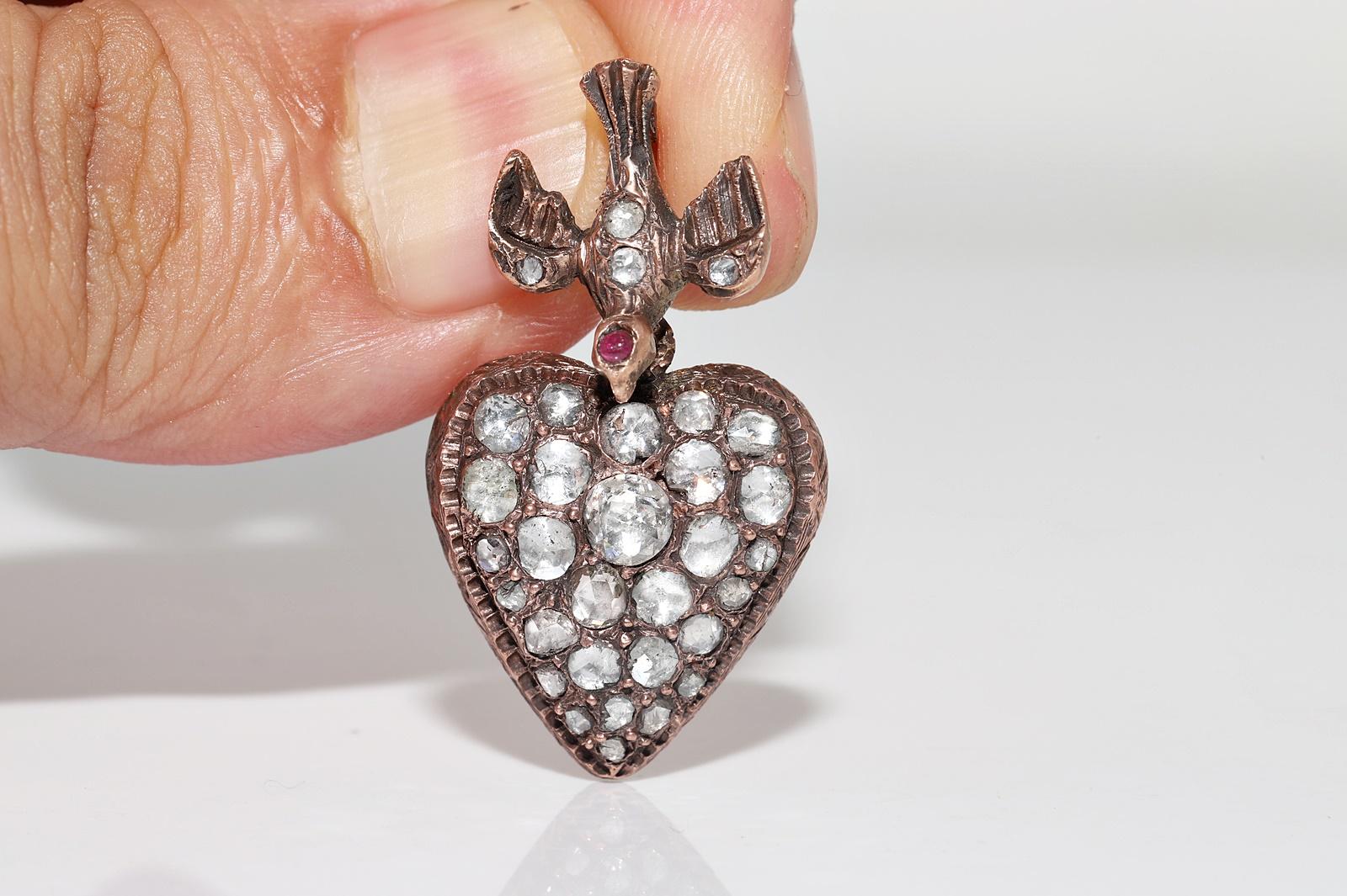 Antiguo Colgante de Corazón de Rubí y Diamante Natural Tallado Rosa en Oro de 8k Circa 1900 Victoriano en venta