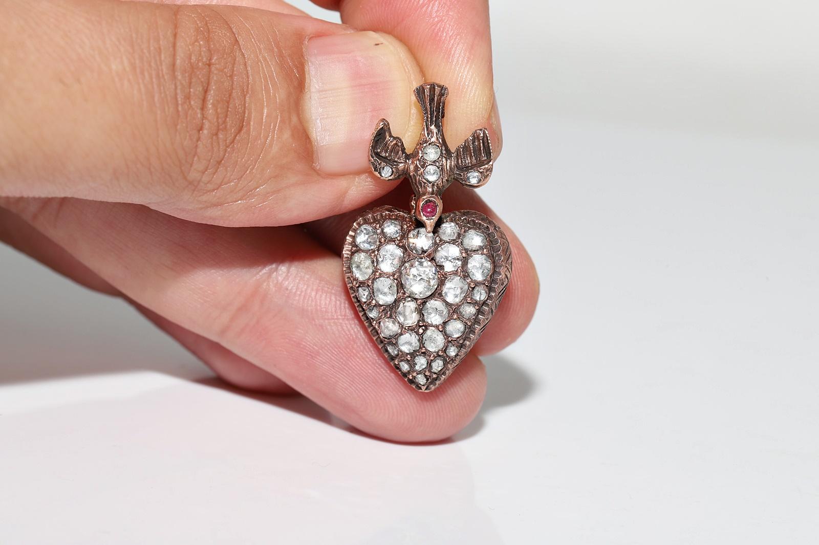 Antiguo Colgante de Corazón de Rubí y Diamante Natural Tallado Rosa en Oro de 8k Circa 1900 Corte rosa en venta