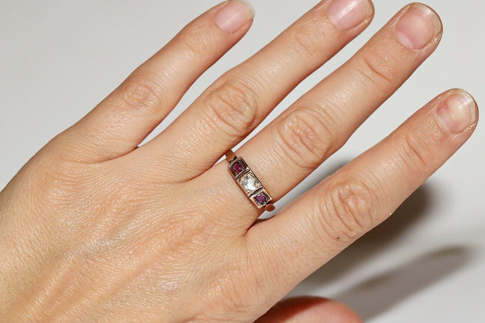 Antique Circa 1900s 8k Gold Natural Rose Cut Diamond  And Ruby There Stone Ring For Sale 8