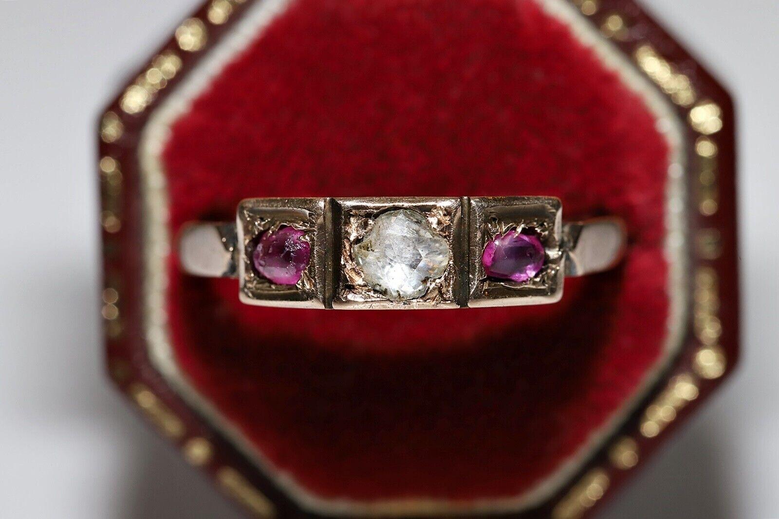 In very good condition.
Total weight is 2.5 grams.
Totally is diamond 0.15 carat.
The diamond  is has  I color and Pique clarity.
Ruby totally 0.25 carat.
Ring size is US 7.5 
We can make any size.
Box is not included.
Please contact for any