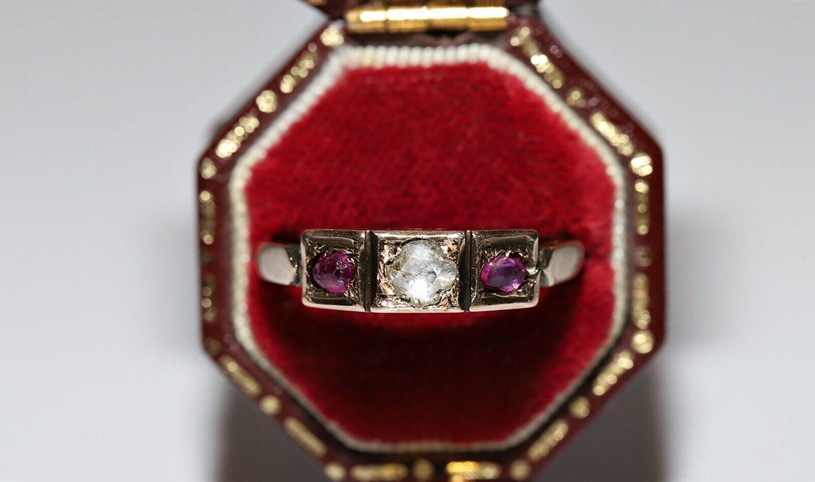 Victorian Antique Circa 1900s 8k Gold Natural Rose Cut Diamond  And Ruby There Stone Ring For Sale