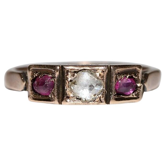 Antique Circa 1900s 8k Gold Natural Rose Cut Diamond  And Ruby There Stone Ring For Sale