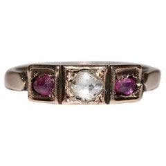 Antiguo Circa 1900s Oro 8k Diamante talla rosa natural  Y Rubí Hay Anillo De Piedra
