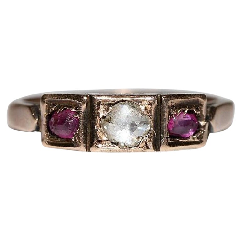 Antique Circa 1900s 8k Gold Natural Rose Cut Diamond And Ruby There Stone Ring