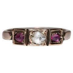 Antico diamante taglio rosa naturale in oro 8 carati CIRCA 1900  E anello con pietra di rubino A. Stone