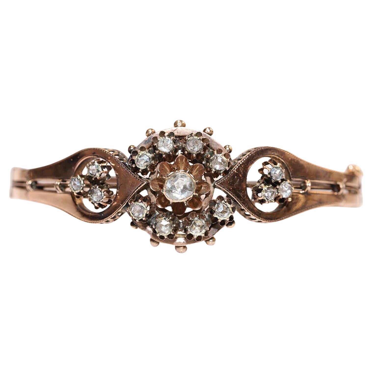 Antique Circa 1900s 8k Gold Natural Rose Cut Diamond Decorated Bracelet For Sale