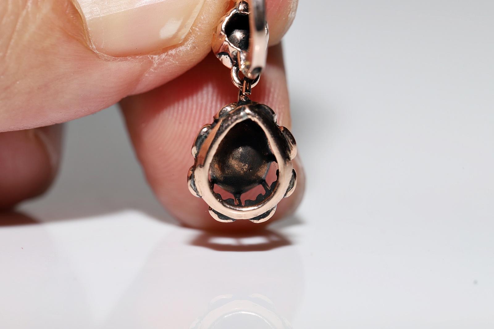 Antique Circa 1900s 8k Gold Natural Rose Cut Diamond Decorated Drop Earring For Sale 5