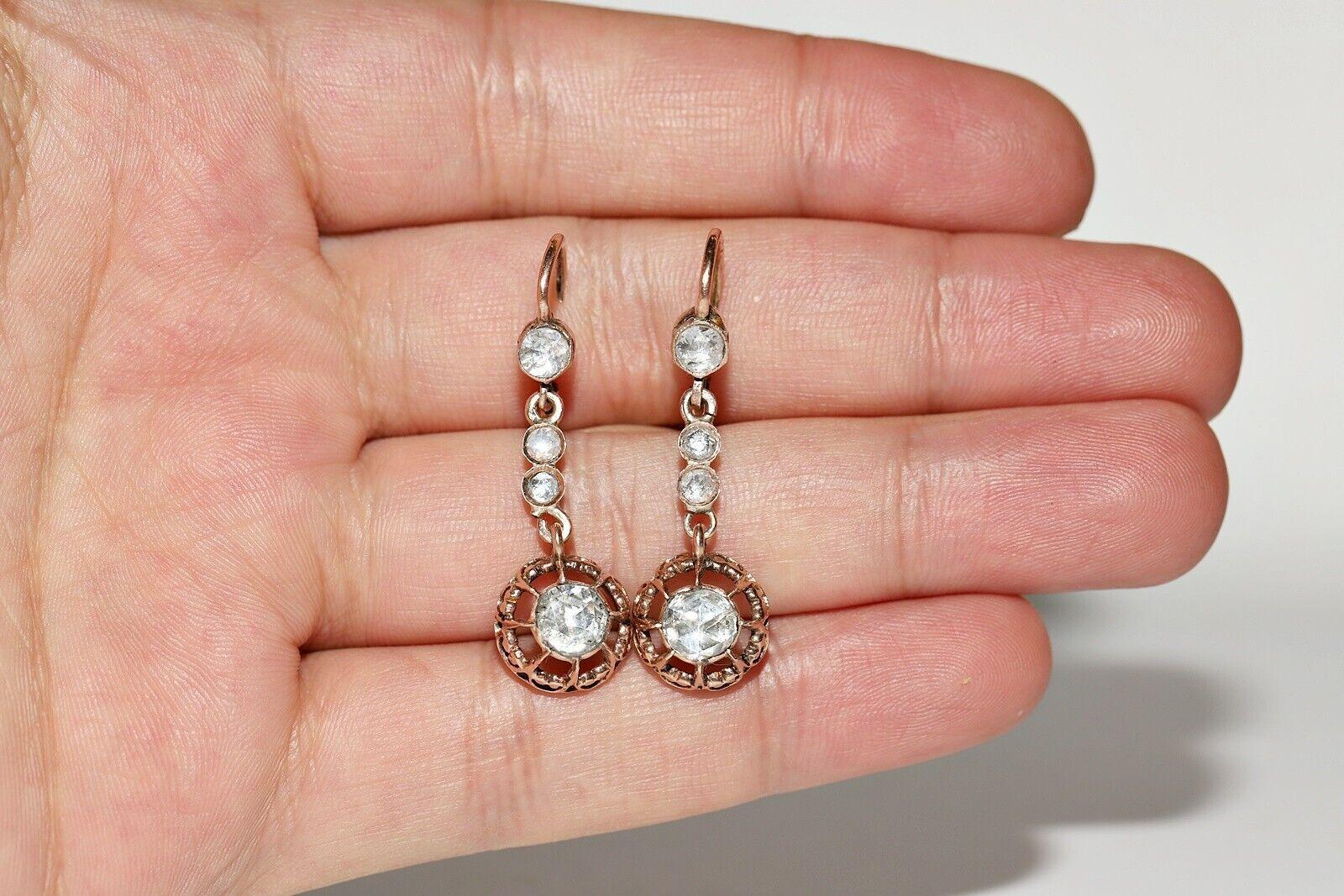 Antique Circa 1900s 8k Gold Natural Rose Cut Diamond Decorated Drop Earring For Sale 7