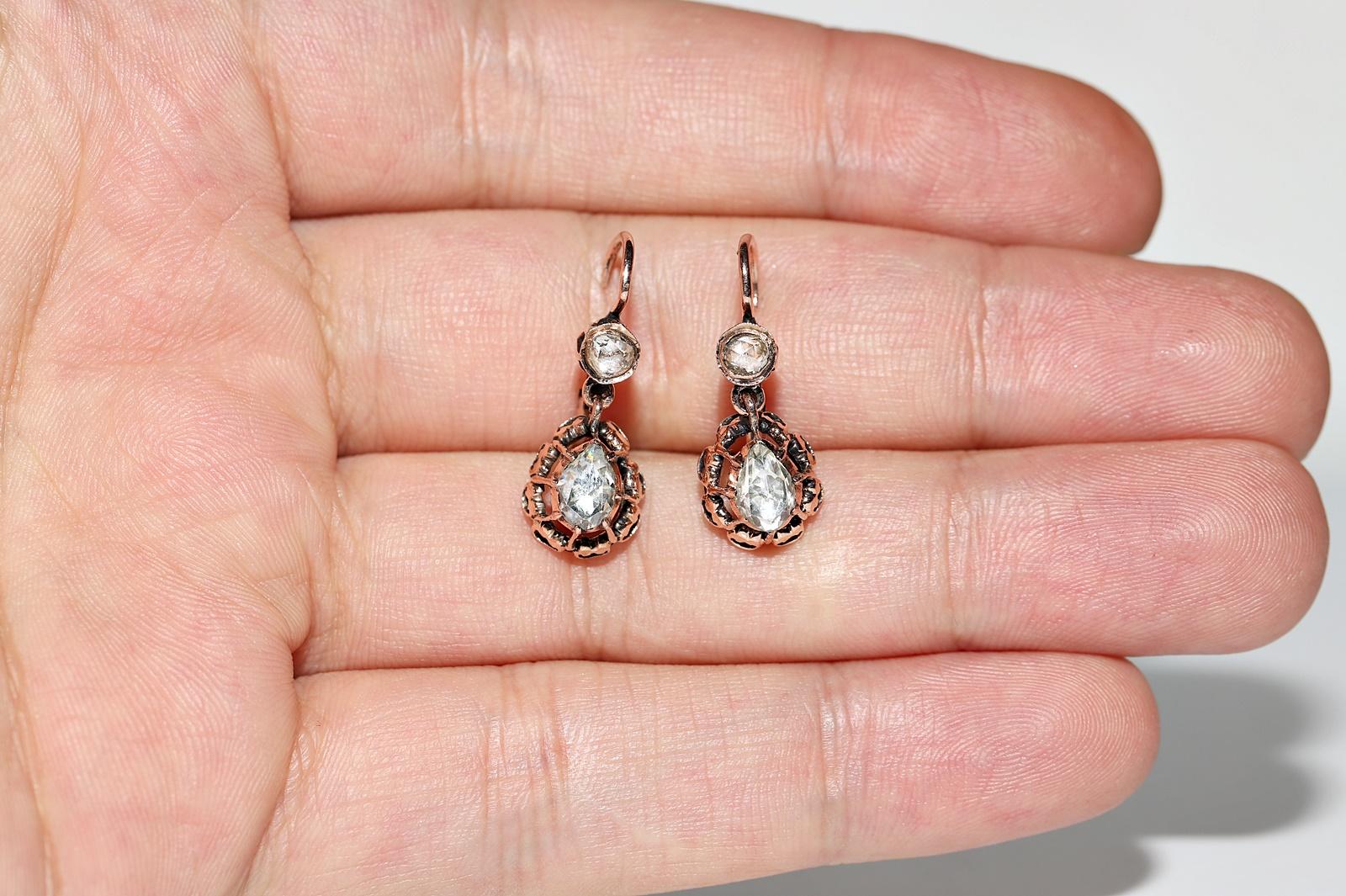 Antique Circa 1900s 8k Gold Natural Rose Cut Diamond Decorated Drop Earring For Sale 10