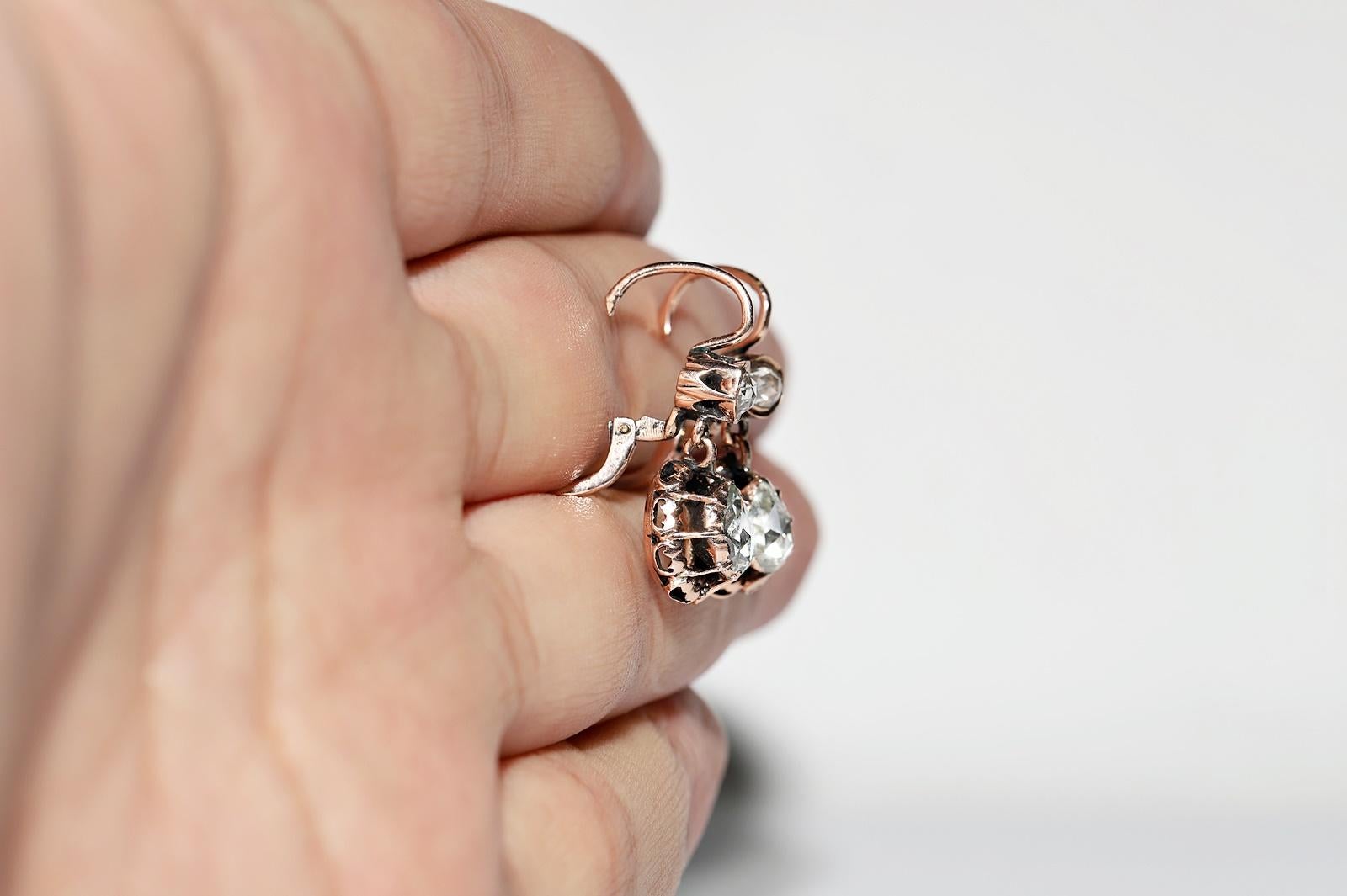 Antique Circa 1900s 8k Gold Natural Rose Cut Diamond Decorated Drop Earring For Sale 11