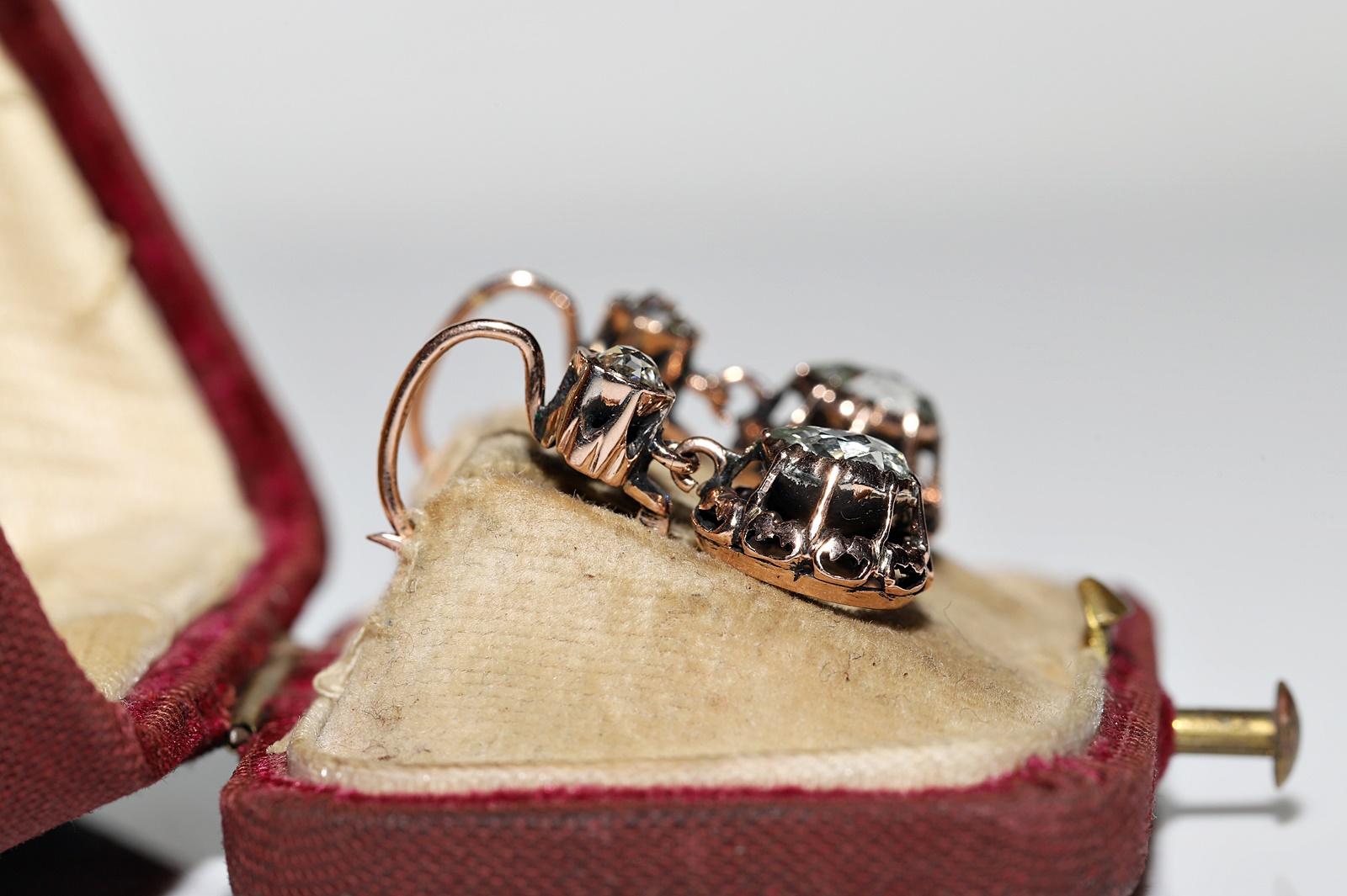 Late Victorian Antique Circa 1900s 8k Gold Natural Rose Cut Diamond Decorated Drop Earring For Sale