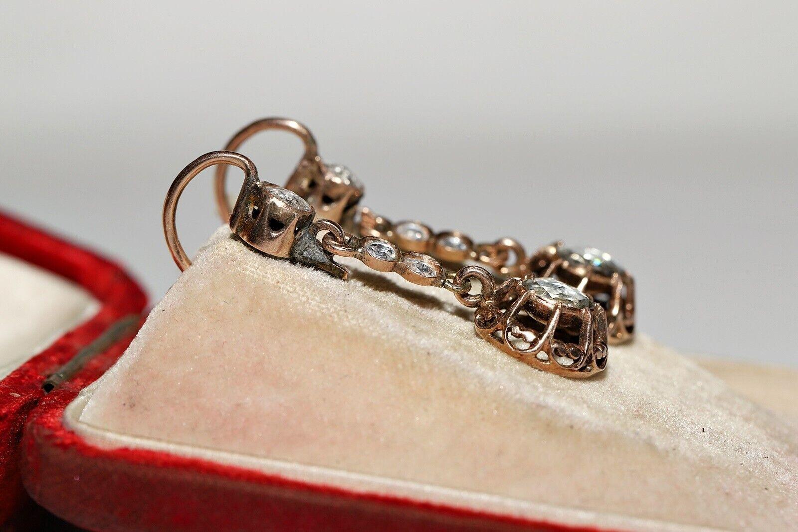 Antiguo Circa 1900s Oro 8k Diamante natural talla rosa decorado Pendiente de gota Victoriano en venta