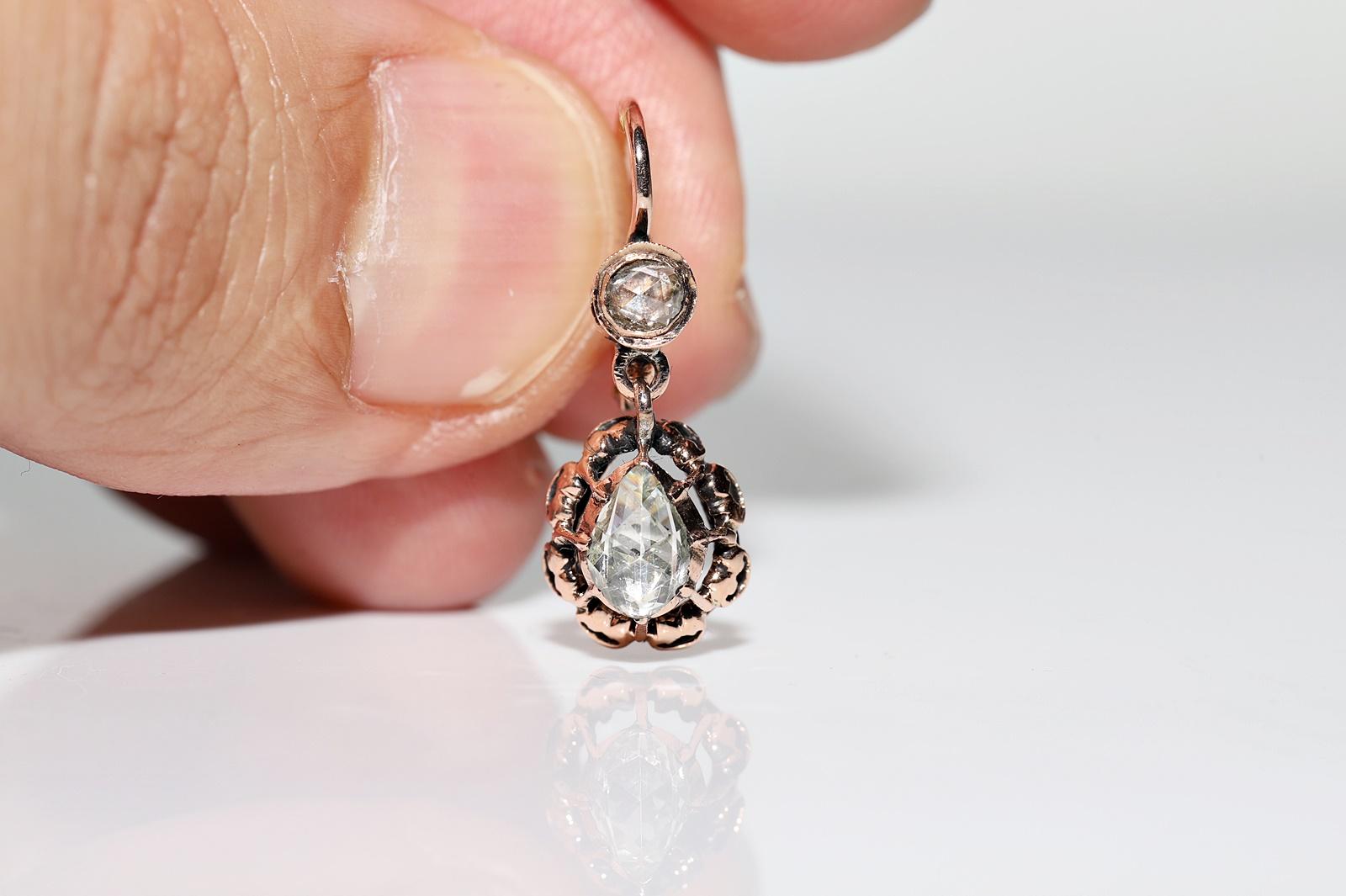 Antique Circa 1900s 8k Gold Natural Rose Cut Diamond Decorated Drop Earring In Good Condition For Sale In Fatih/İstanbul, 34