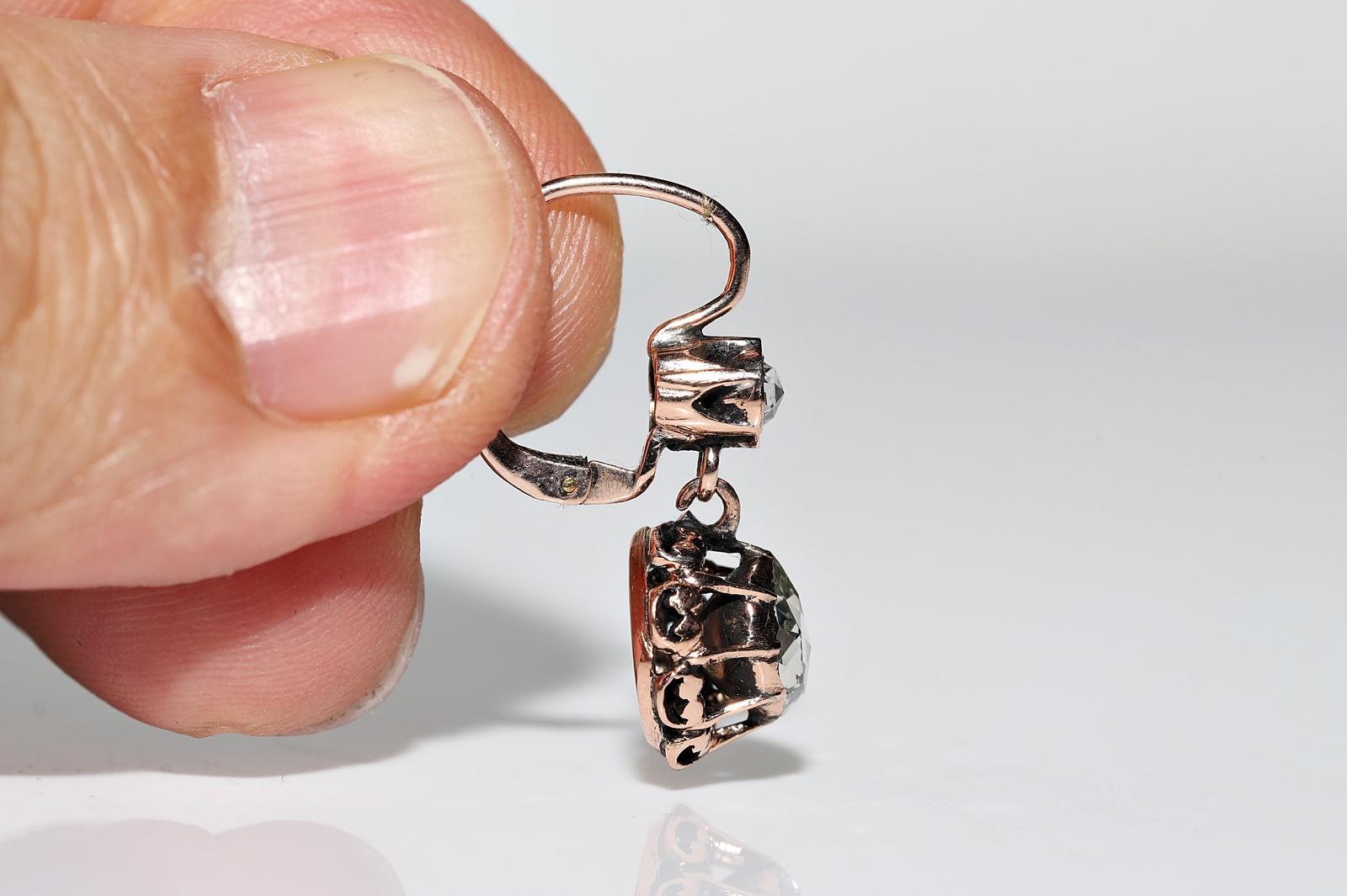 Antique Circa 1900s 8k Gold Natural Rose Cut Diamond Decorated Drop Earring For Sale 1