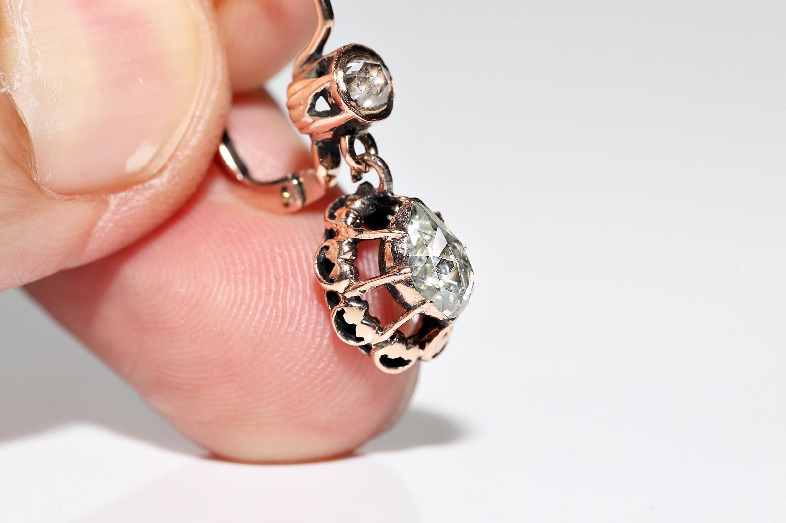 Antique Circa 1900s 8k Gold Natural Rose Cut Diamond Decorated Drop Earring For Sale 2