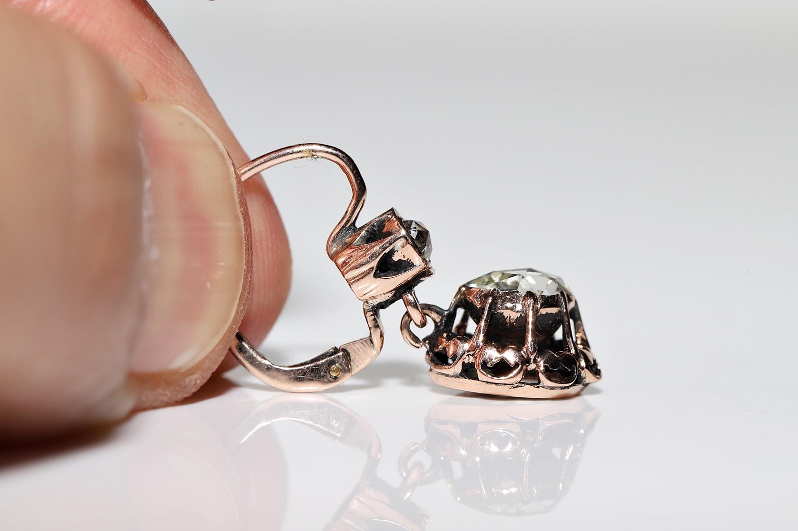 Antique Circa 1900s 8k Gold Natural Rose Cut Diamond Decorated Drop Earring For Sale 3