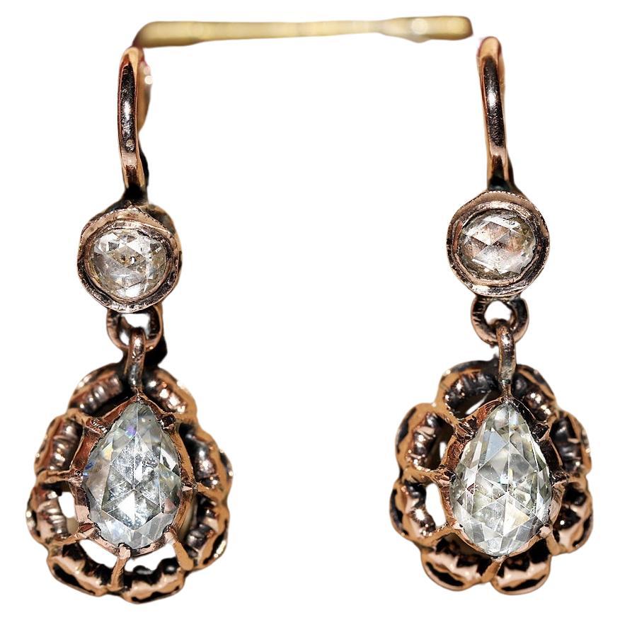 Antique Circa 1900s 8k Gold Natural Rose Cut Diamond Decorated Drop Earring For Sale