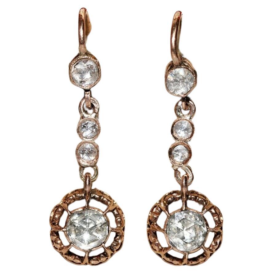 Antique Circa 1900s 8k Gold Natural Rose Cut Diamond Decorated Drop Earring For Sale