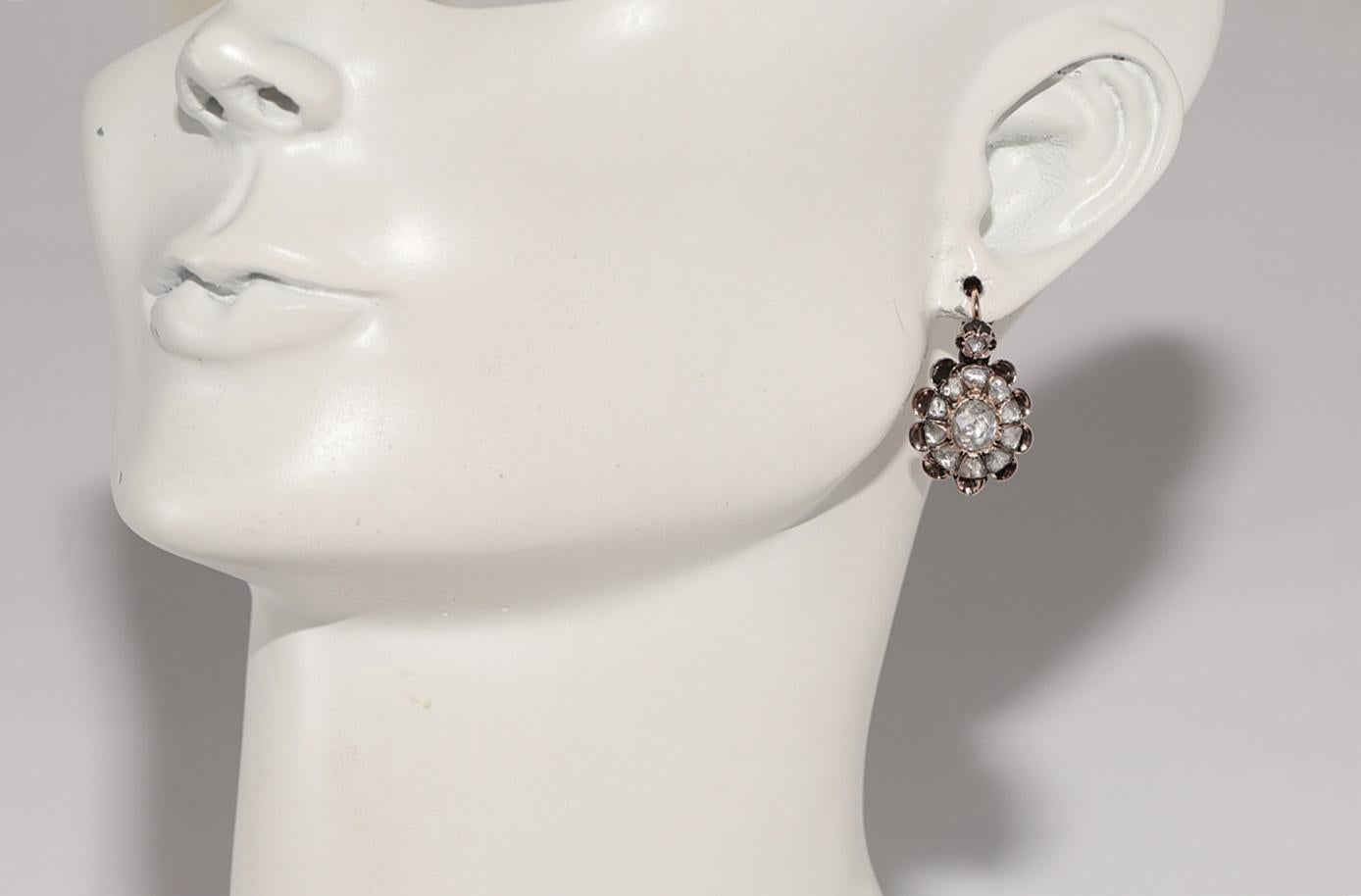 Antiker Ohrring, um 1900er Jahre, 8k Gold, natürlicher Diamant im Rosenschliff, dekoriert im Angebot 7