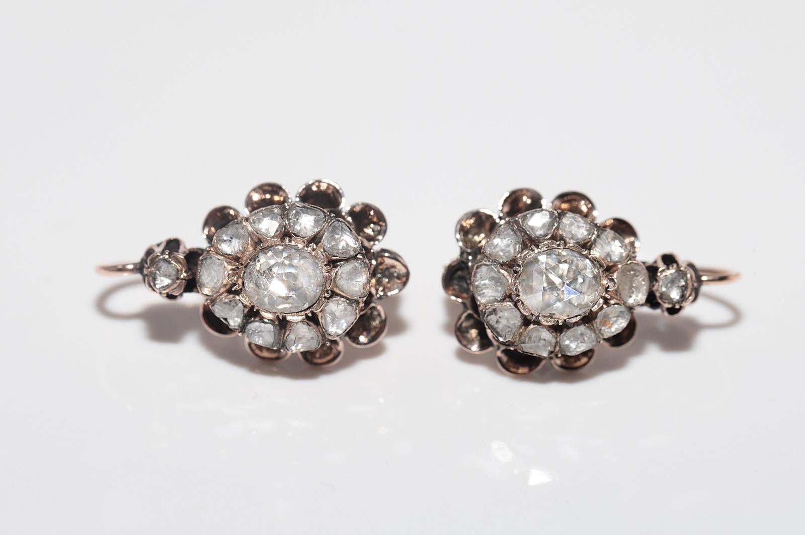 Antiker Ohrring, um 1900er Jahre, 8k Gold, natürlicher Diamant im Rosenschliff, dekoriert im Angebot 8