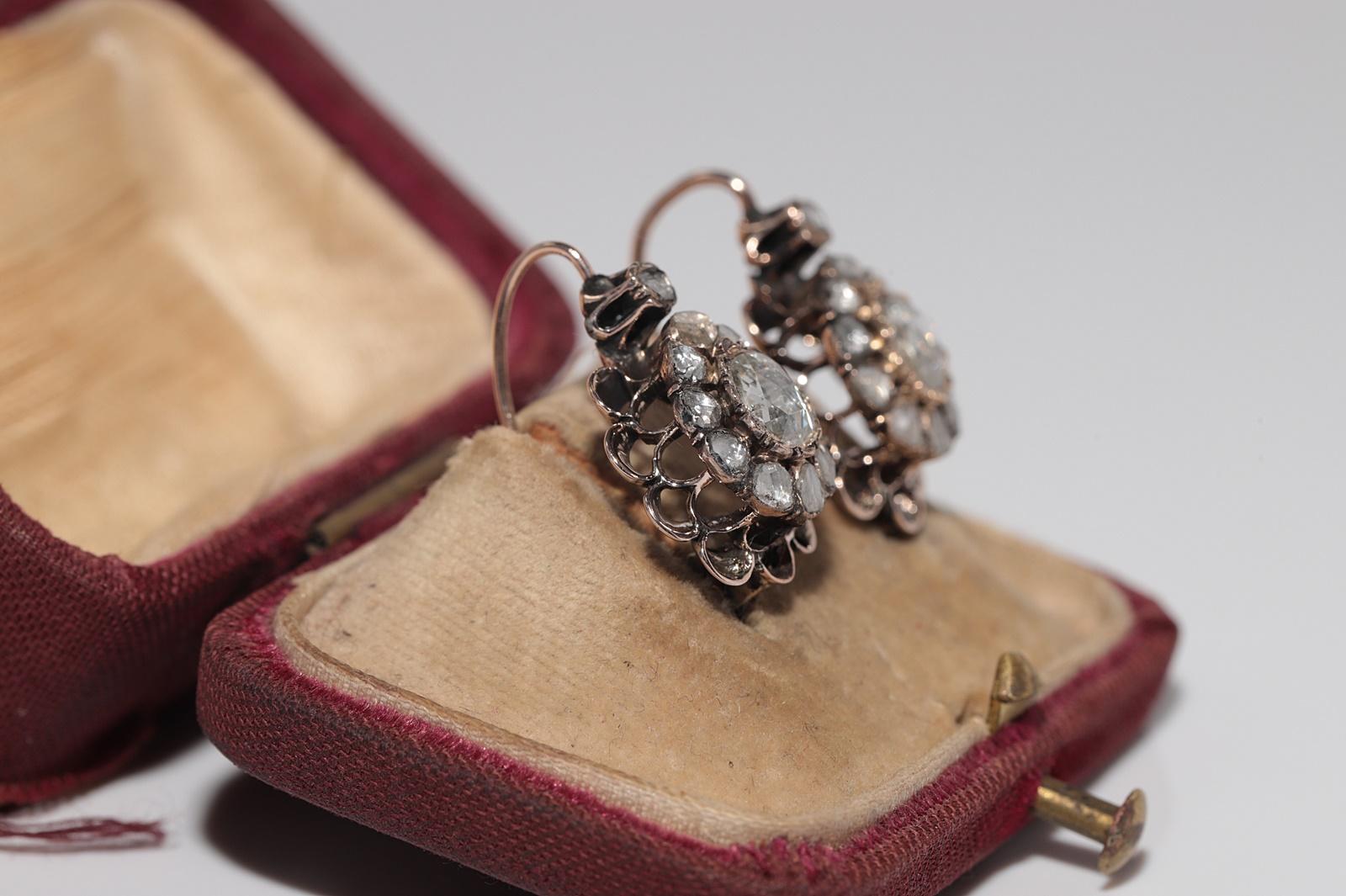 Antiker Ohrring, um 1900er Jahre, 8k Gold, natürlicher Diamant im Rosenschliff, dekoriert (Viktorianisch) im Angebot