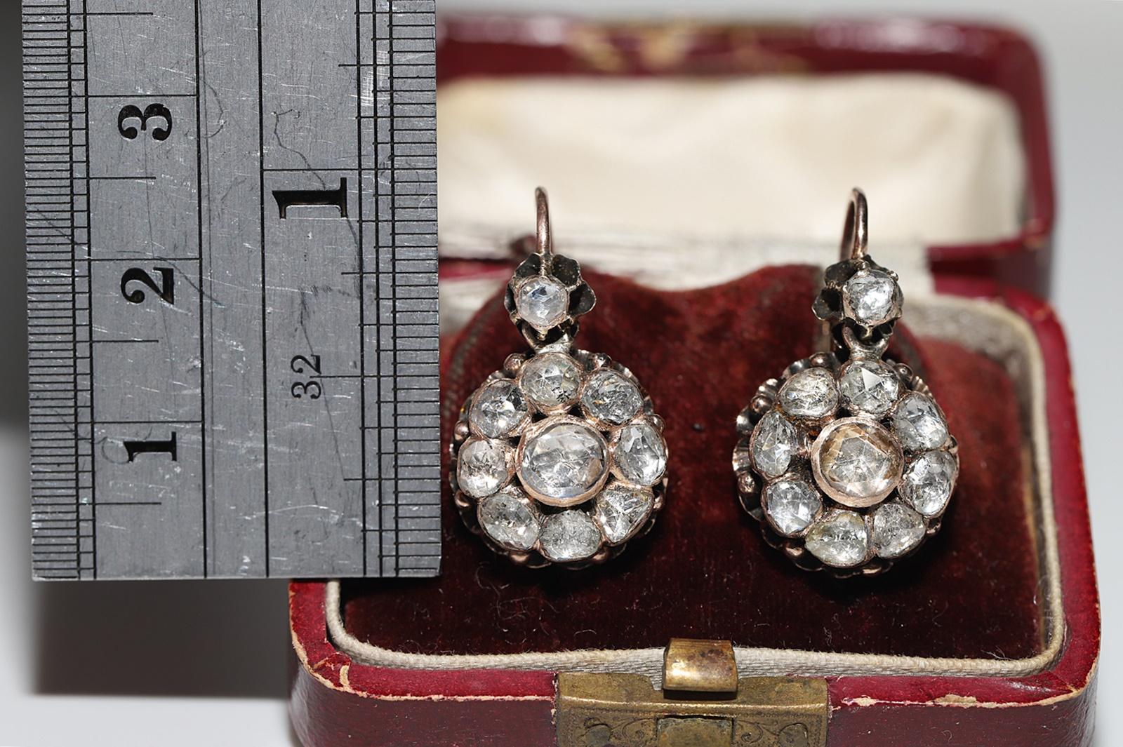 Antique Circa 1900s 8k Gold Natural Rose Cut Diamond Decorated Earring In Good Condition For Sale In Fatih/İstanbul, 34