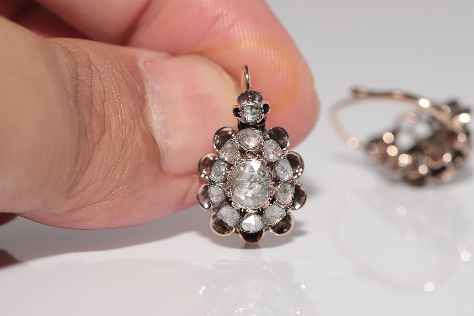 Antiker Ohrring, um 1900er Jahre, 8k Gold, natürlicher Diamant im Rosenschliff, dekoriert im Zustand „Gut“ im Angebot in Fatih/İstanbul, 34