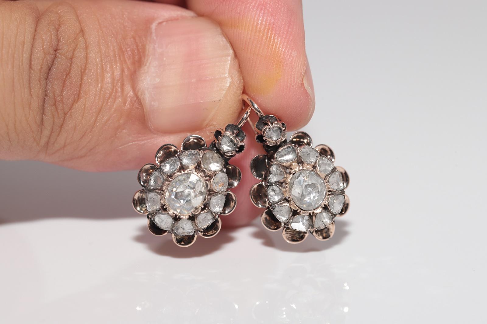 Antiker Ohrring, um 1900er Jahre, 8k Gold, natürlicher Diamant im Rosenschliff, dekoriert Damen im Angebot