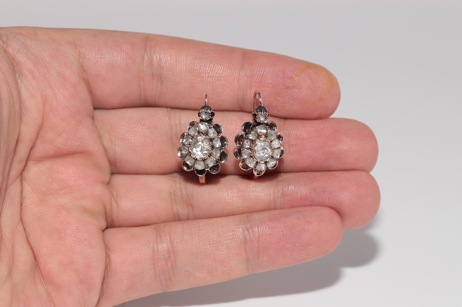 Antiker Ohrring, um 1900er Jahre, 8k Gold, natürlicher Diamant im Rosenschliff, dekoriert im Angebot 1