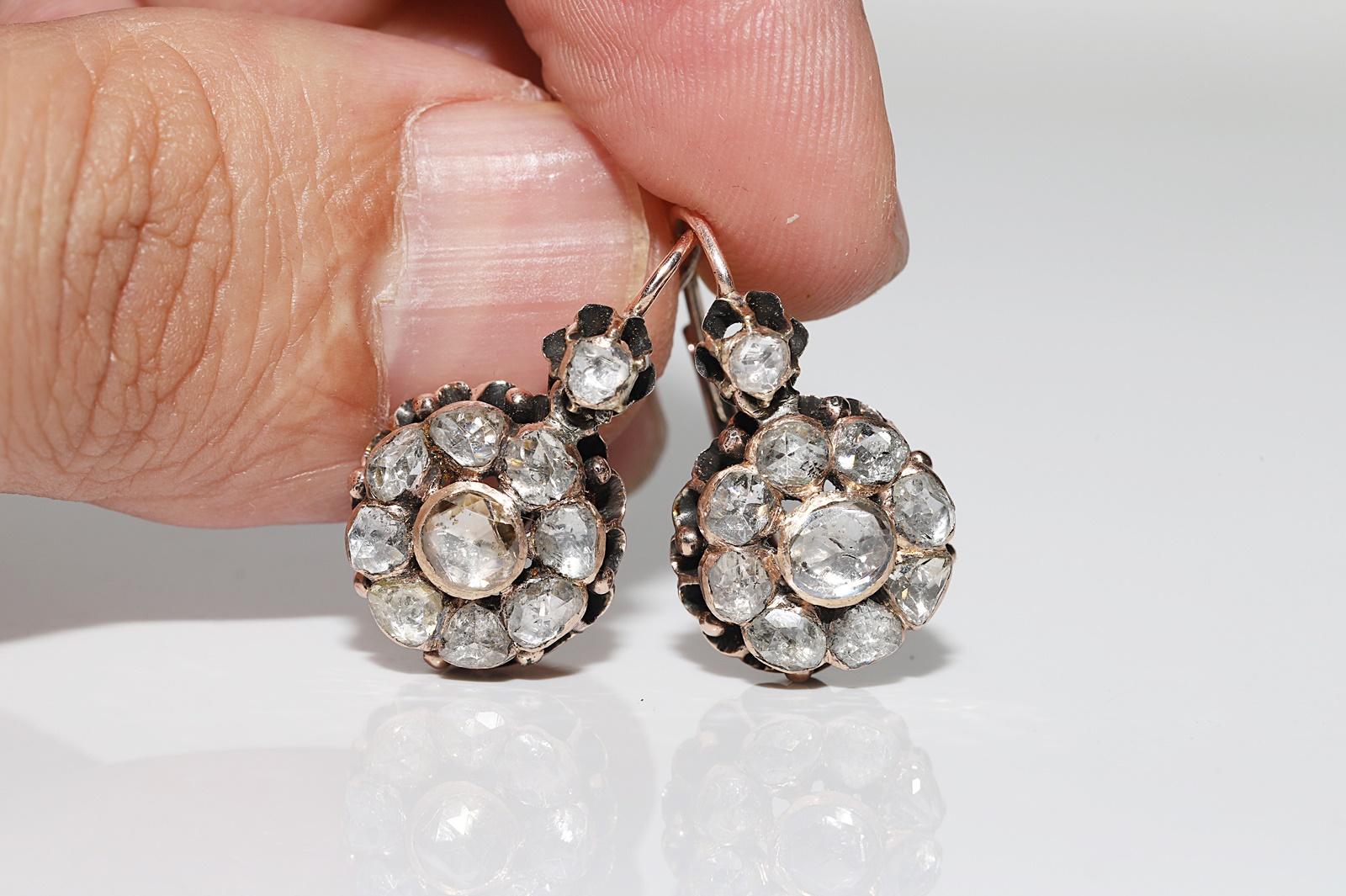 Antique Circa 1900s 8k Gold Natural Rose Cut Diamond Decorated Earring For Sale 2