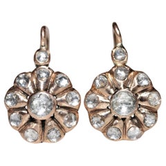 Antico orecchino decorato con diamanti naturali taglio rosa in oro 8k, CIRCA 1900