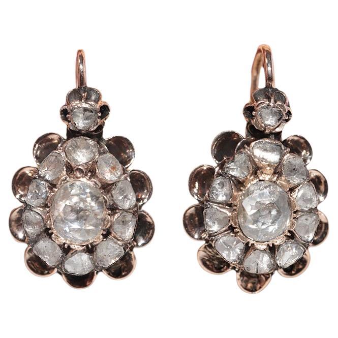 Pendiente Antiguo Circa 1900s Oro 8k Decorado con Diamantes Naturales talla Rosa