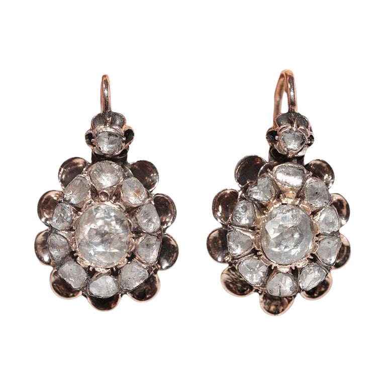 Antique Circa 1900s 8k Gold Natural Rose Cut Diamond Decorated Earring