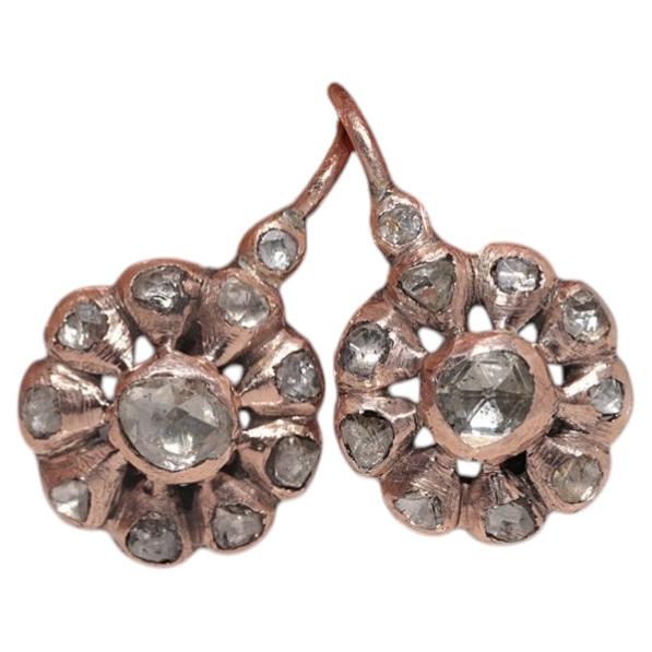Antique Circa 1900s 8k Gold Natural Rose Cut Diamond Decorated Earring