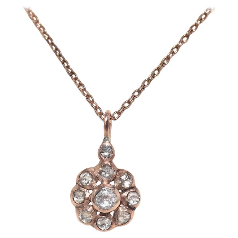 Collana con ciondolo decorato con diamanti naturali taglio rosa in oro 8k, antica CIRCA 1900