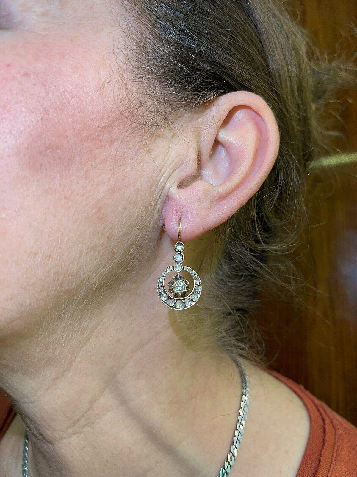 Antique Cİrca 1900s 8k Gold Natural Rose Cut Diamond Drop Earring For Sale 6