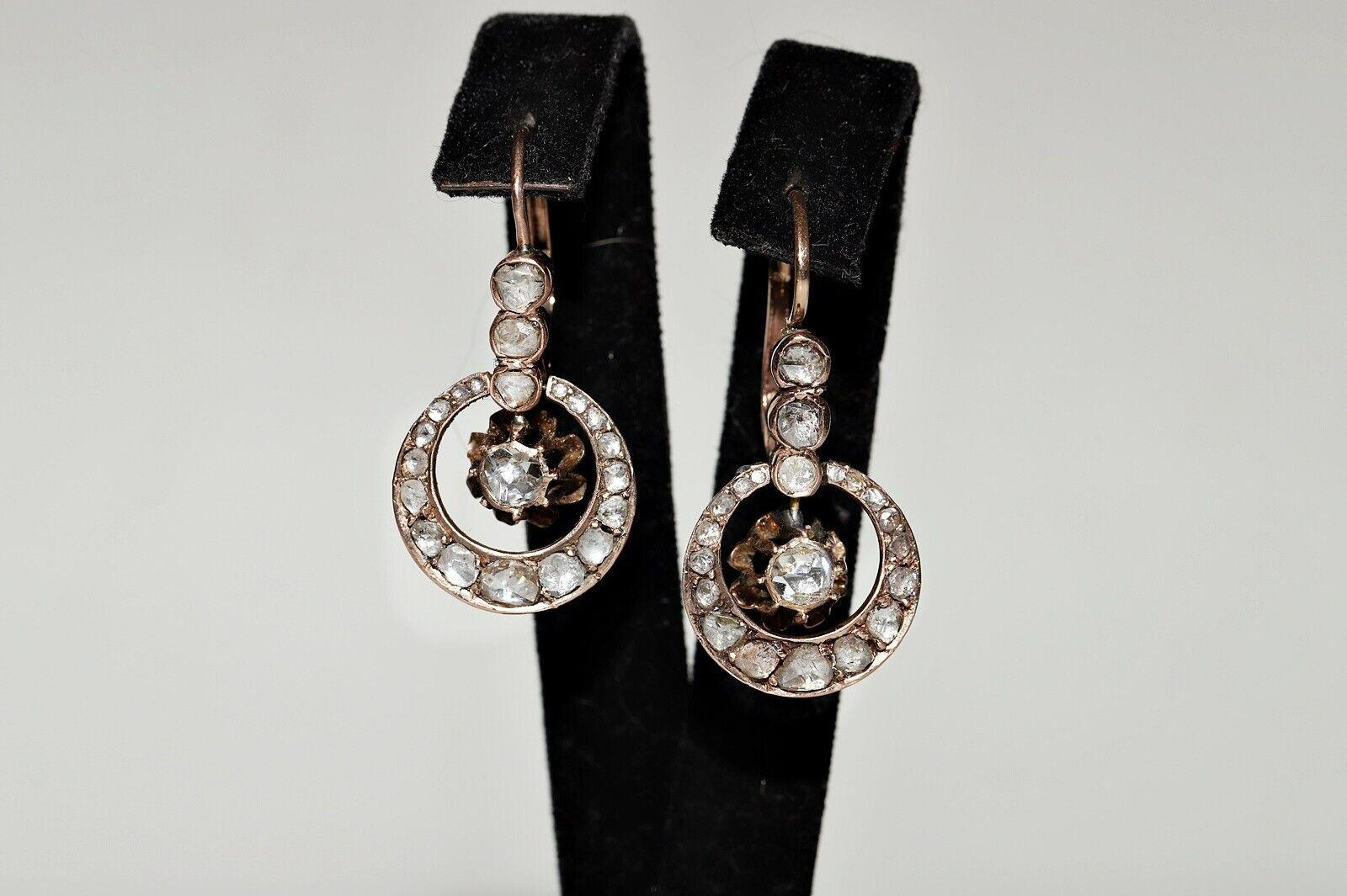 Antique Cİrca 1900s 8k Gold Natural Rose Cut Diamond Drop Earring For Sale 7