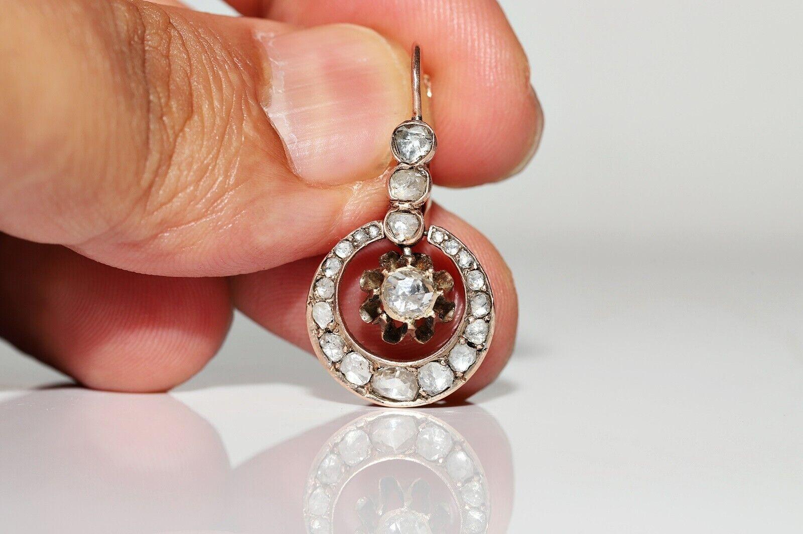 Late Victorian Antique Cİrca 1900s 8k Gold Natural Rose Cut Diamond Drop Earring For Sale
