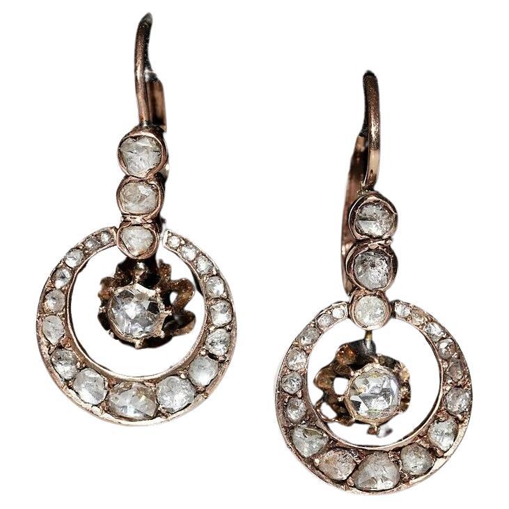 Antique Cİrca 1900s 8k Gold Natural Rose Cut Diamond Drop Earring For Sale