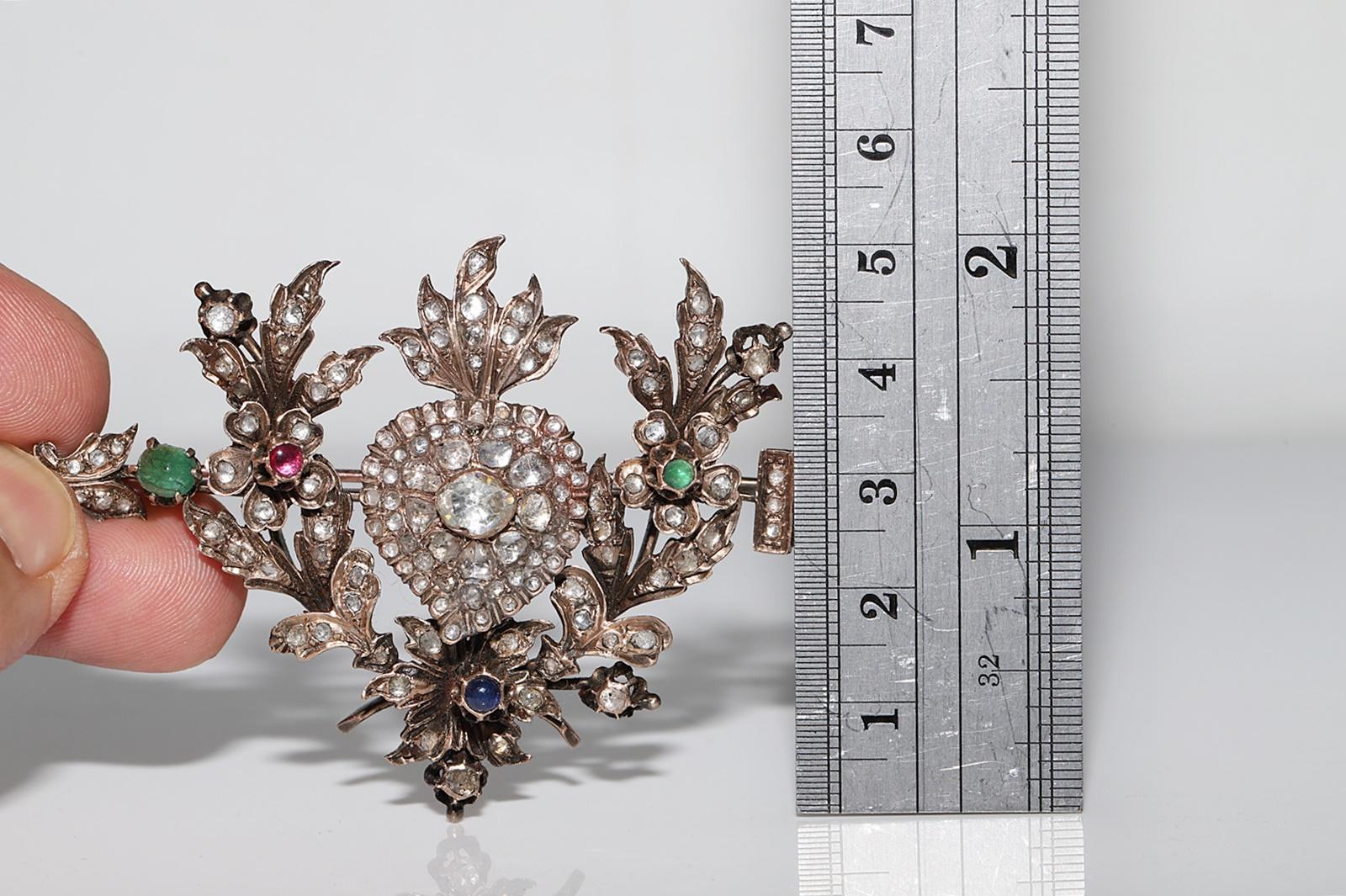 Antique Circa 1900s 8k Gold Natural Rose Cut Diamond Emerald Ruby Brooch For Sale 9