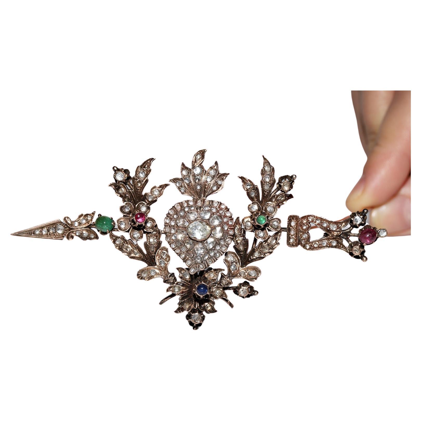 Antique Circa 1900s 8k Gold Natural Rose Cut Diamond Emerald Ruby Brooch For Sale