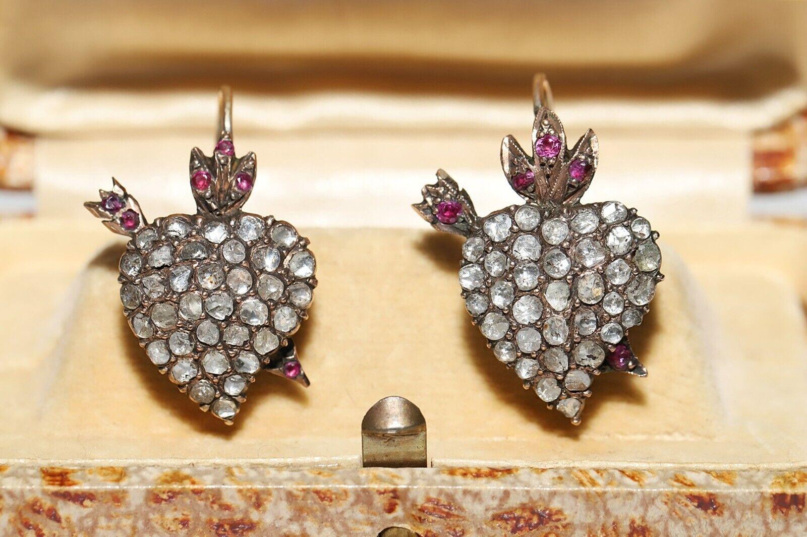 Antique Circa 1900s 8k Gold Natural Rose Cut Diamond Heart Arrow Earring  6