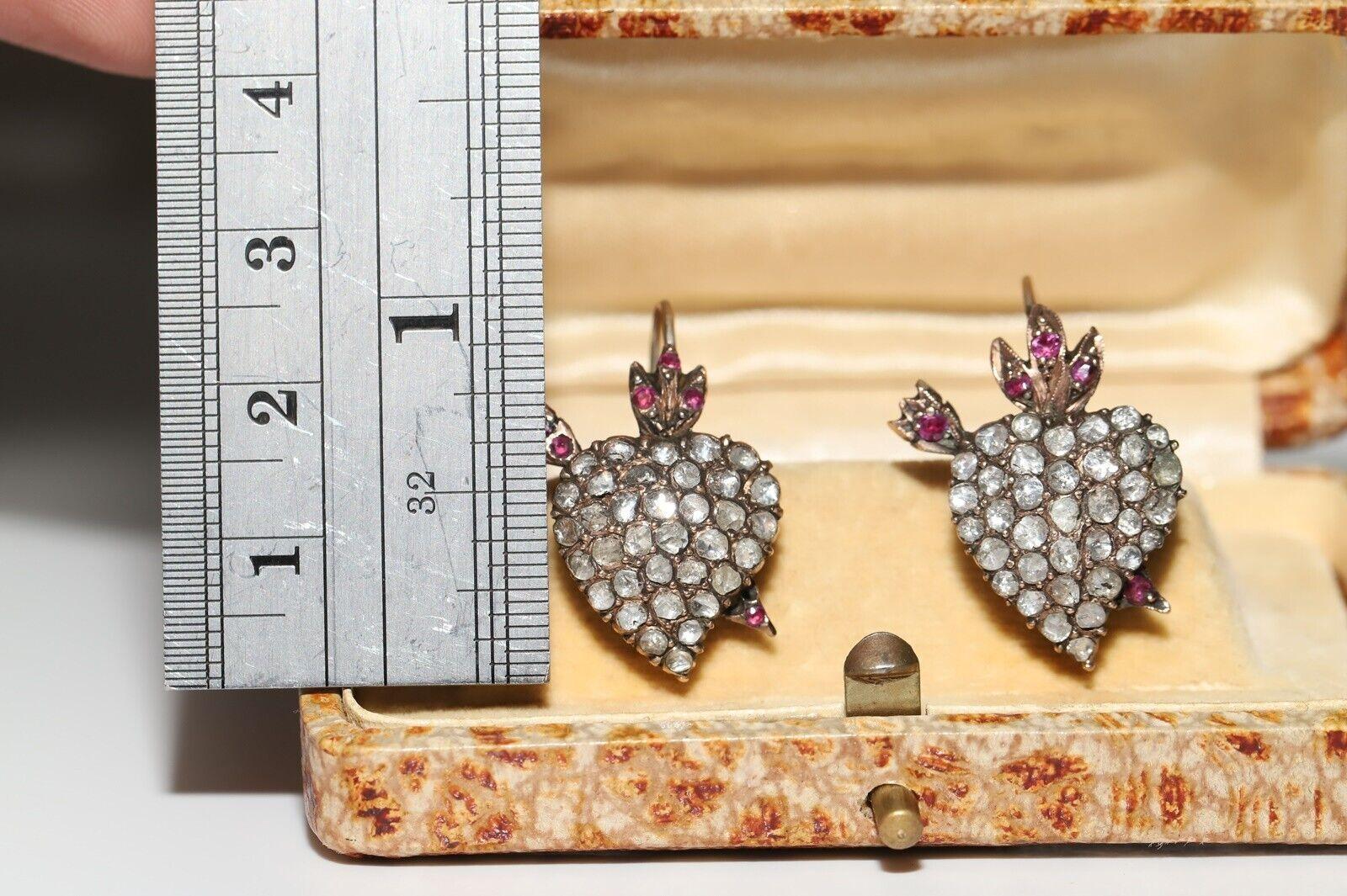 Victorian Antique Circa 1900s 8k Gold Natural Rose Cut Diamond Heart Arrow Earring 