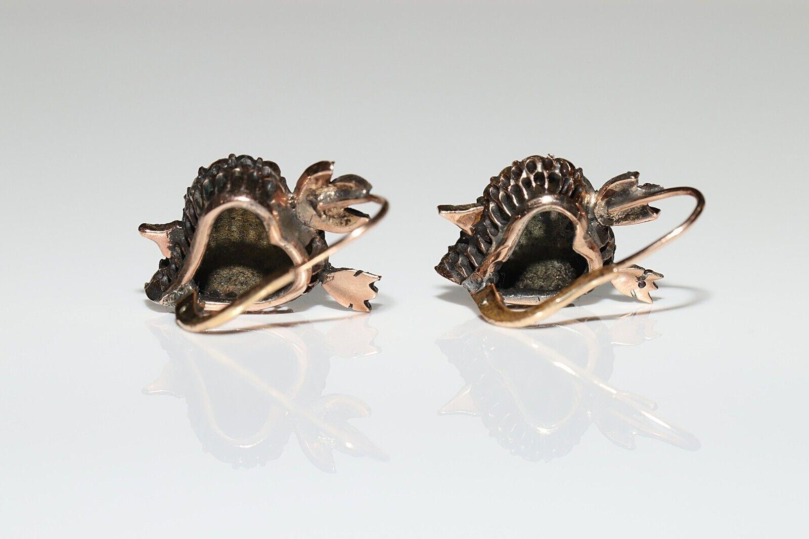 Women's or Men's Antique Circa 1900s 8k Gold Natural Rose Cut Diamond Heart Arrow Earring 
